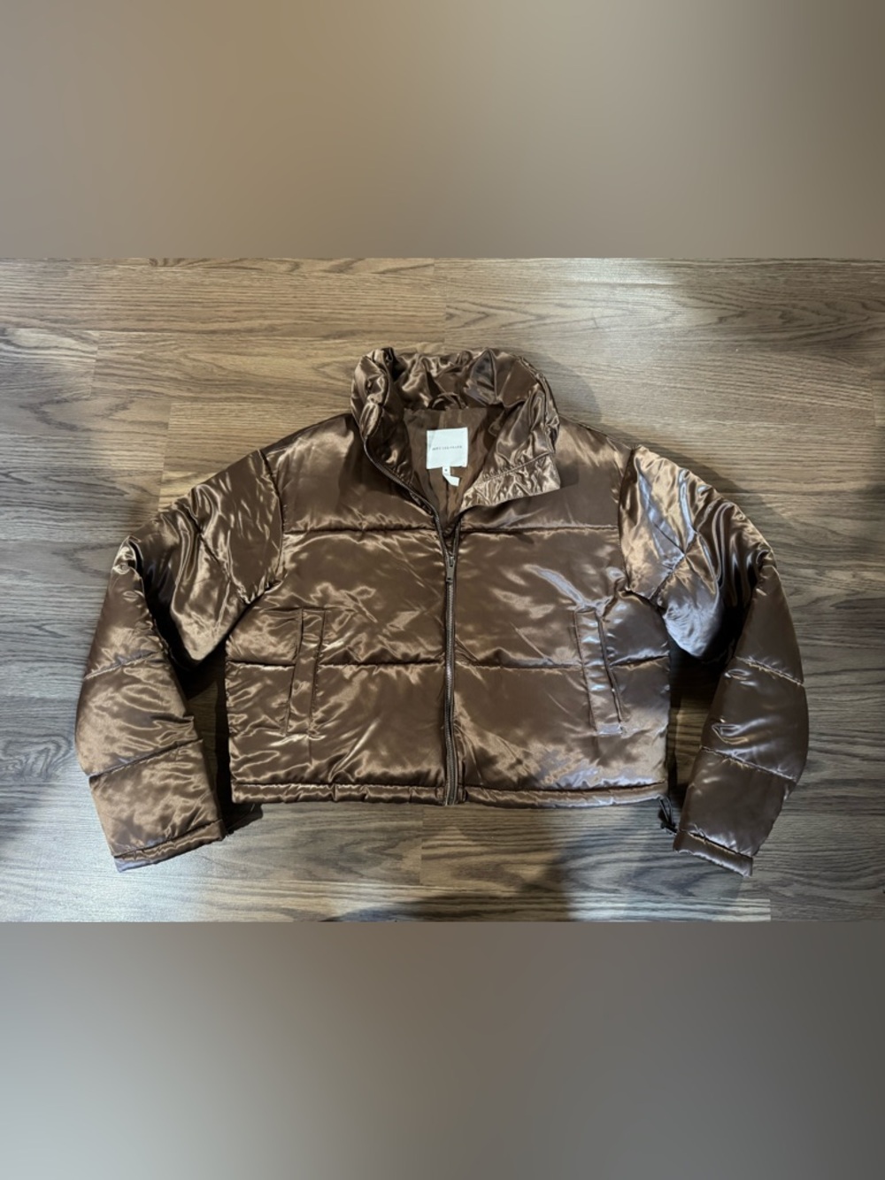Avec Les Filles Shiny Brown Cropped Puffer Jacket